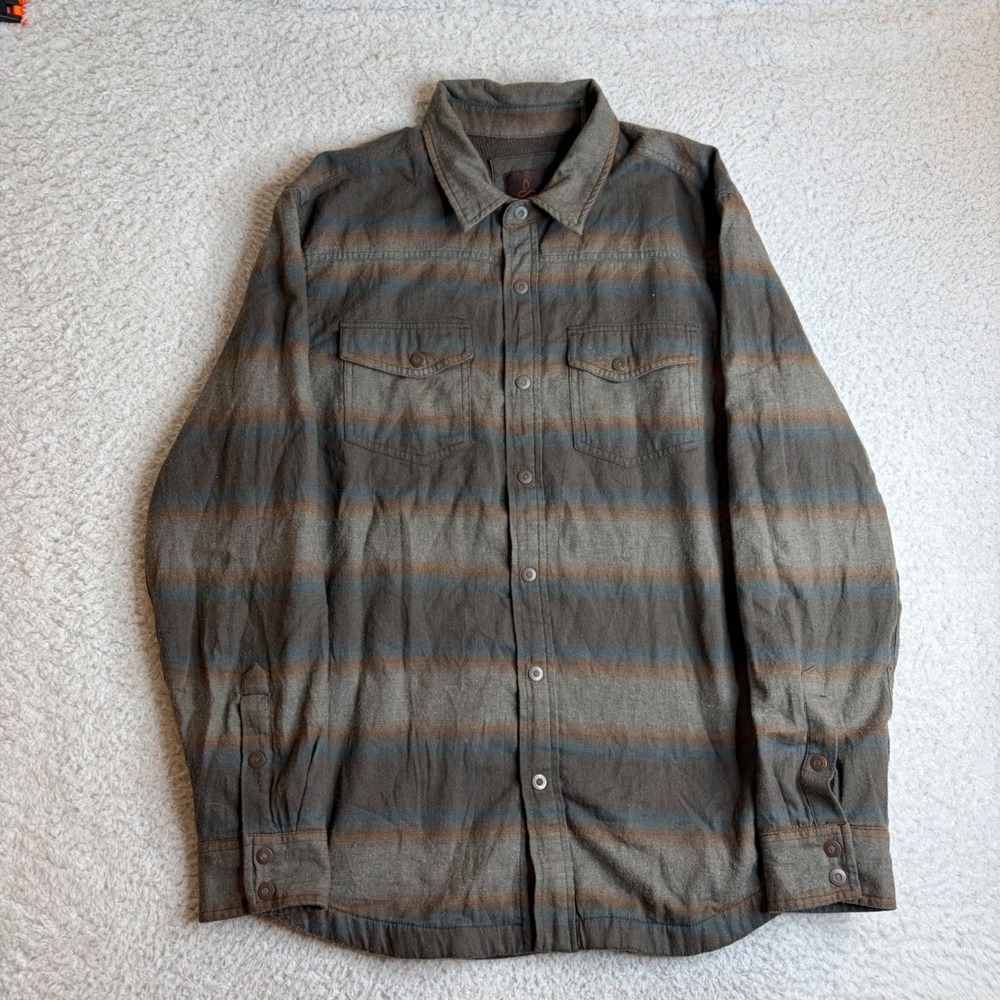 Prana Mens Asylum Thermal Lined Flannel Shirt Brown Blue Striped LRG M23170385